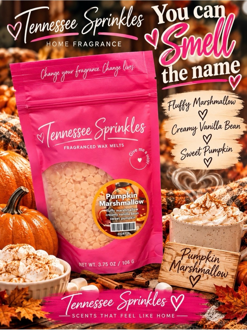 Pink Zebra Pumpkin Marshmallow 3.75oz Bag of Wax Melts